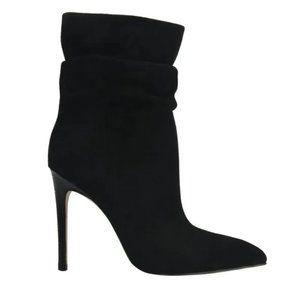 Marc Fisher Boot Rayya Black Leather Suede Sleek Point Toe Slouchy Heeled Sz 8.5